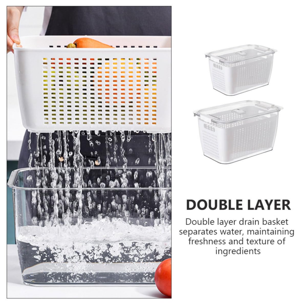Garneck Boîtes de Conservation Alimentaires 2pcs 1,7l et 4,5l en Pet Blanc Panier Drainant Multifonctionnel pour Réfrigérateur, Prévention des Odeurs et Rangement la Cuisine