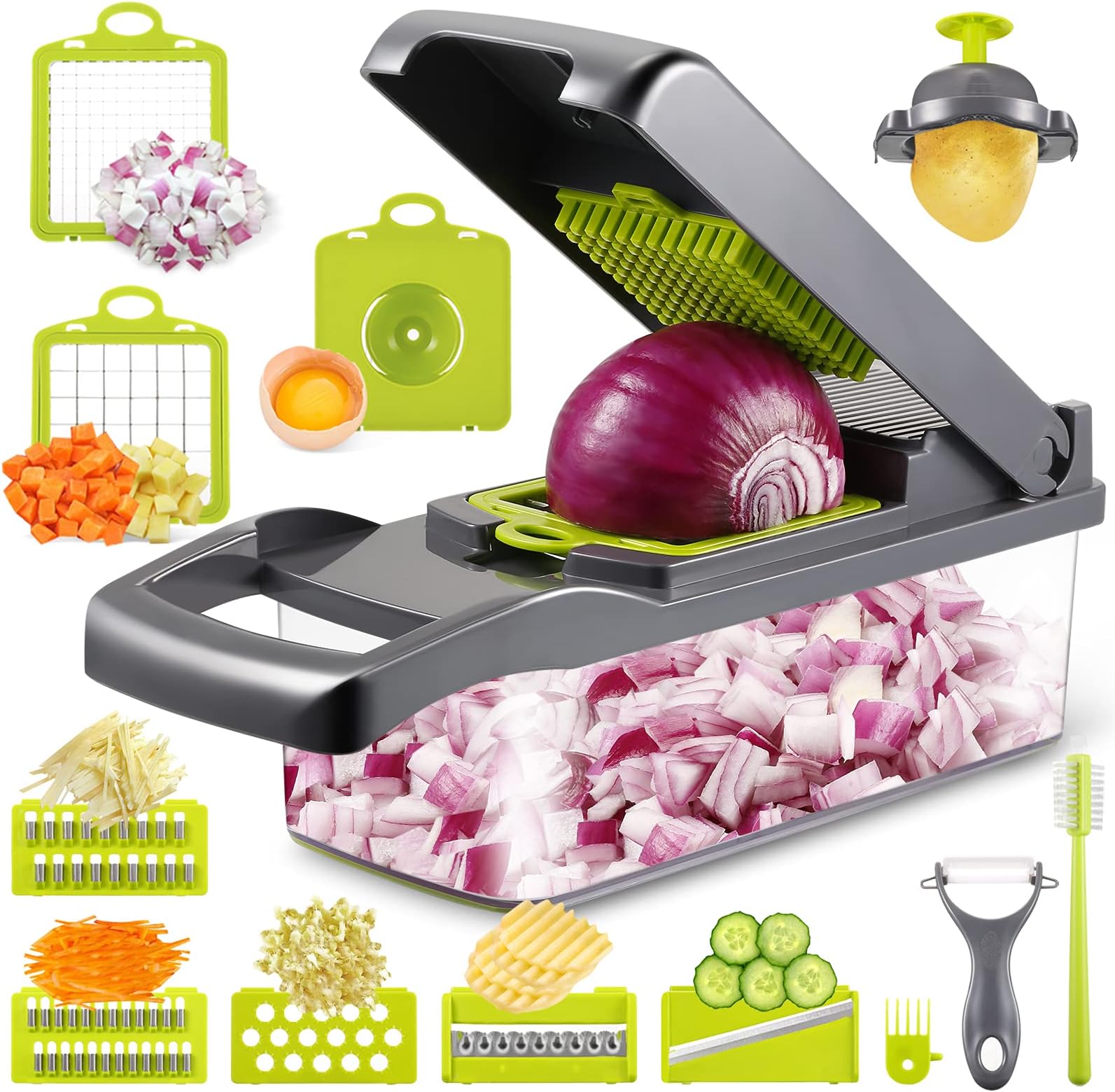 Onion Chopper Vegetable Chopper Mandoline - KKCITE 7 Blades Large Dicer Kitchen Manual Hand Held Veggie Chopper, Stainless Steel Food Chopper for Fruit Salad, Mandoline Potato Chopper with Container