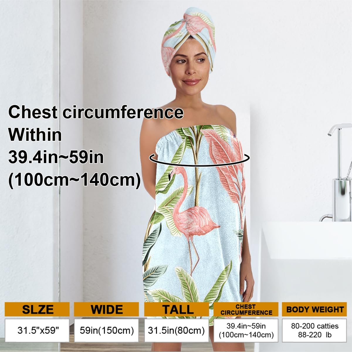 Flamingo Print Body Bath Towel Wrap & Hair Towel Wrap for Women and Girls, Soft Bath Shower Wrap & Hair Drying Towel Set, Quick Dry, Absorbent, Suitable for Spa, Shower, Bath, Gym, Pool (FP13)