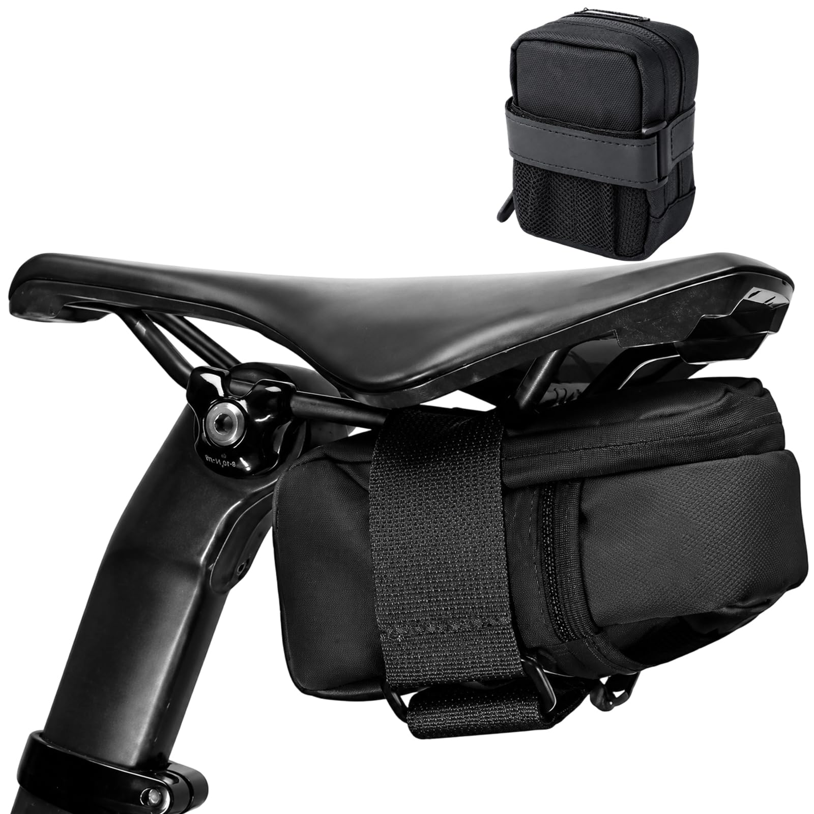 QhgPnt Black Bike Saddle Bag, Compact Bicycle Seat Bag for Essential Cycling Storage, Under Seat Bike Tool Bag, Reflective Bikes Accessories for Road Mountain City Bike (11 X 8 X 4 cm)