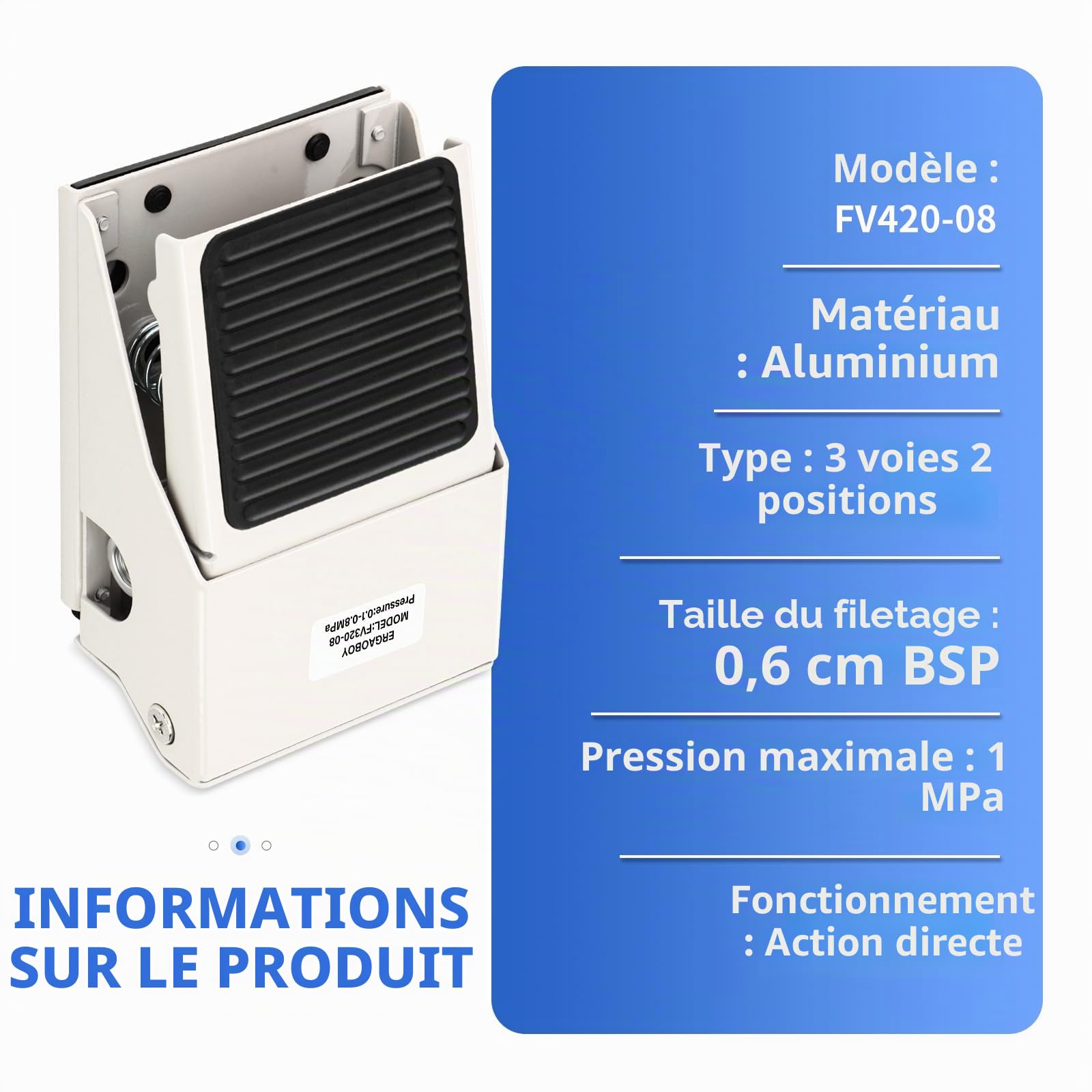 Kit de vanne à pédale pneumatique, 1/4" BSP 3 voies 2 positions filetée en caoutchouc antidérapante avec contrôle de pression FV320 et raccords 6 mm