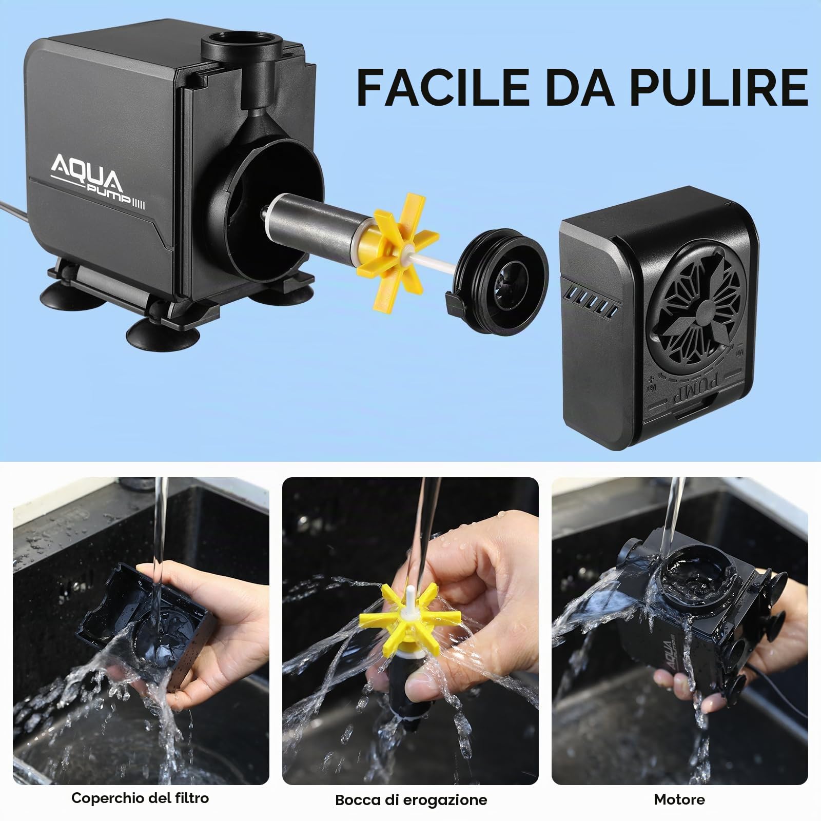 Pompa Sommersa 45W 3000L/H Silenziosa per Acquari e Laghetti, Massima di Sollevamento 3m,Portata Regolabile con Filtro e 3 Ugelli 19/22/25mm, Ideale per Fontane, Idroponica e Circuiti Acquatici