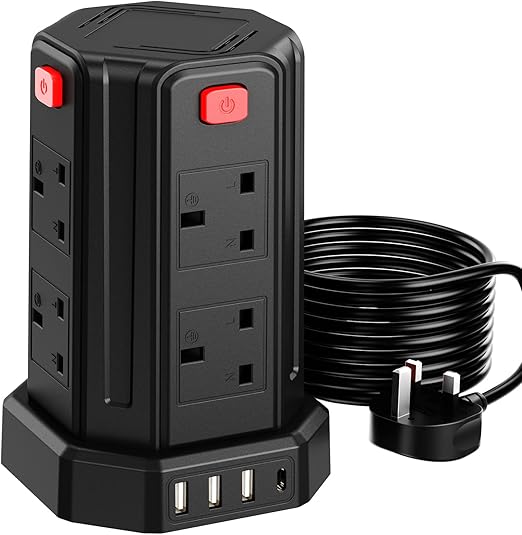 Tower Extension Lead with USB Slots 3M, (13A 3250W) 4 USB Ports and 8