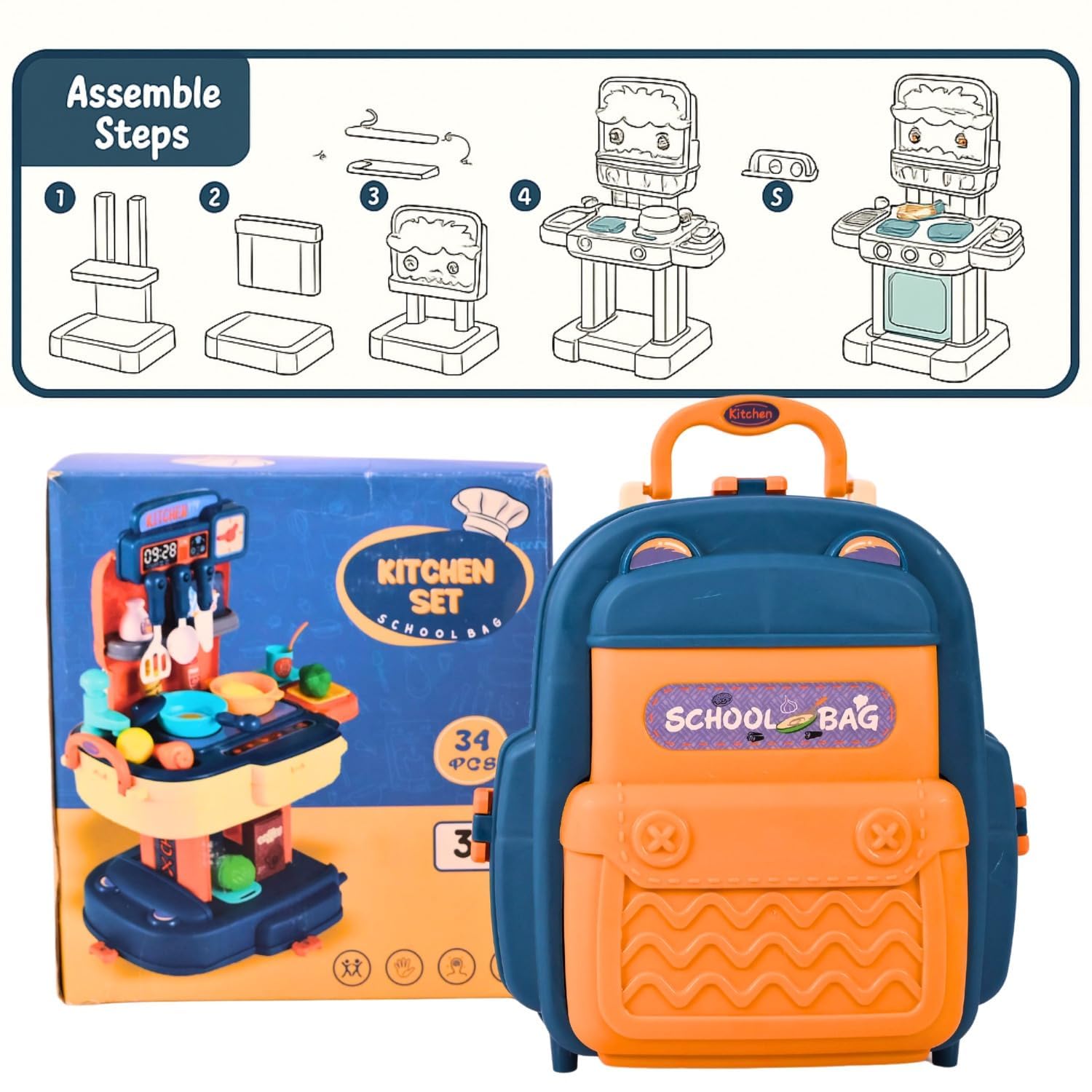 Cojuz Kitchen Sink Play Set with Automatic Water Cycle System Pretend Electric Dishwasher with Running Water Kitchen Sink Toys with Accessories for Kids (School Bag Blue) 1