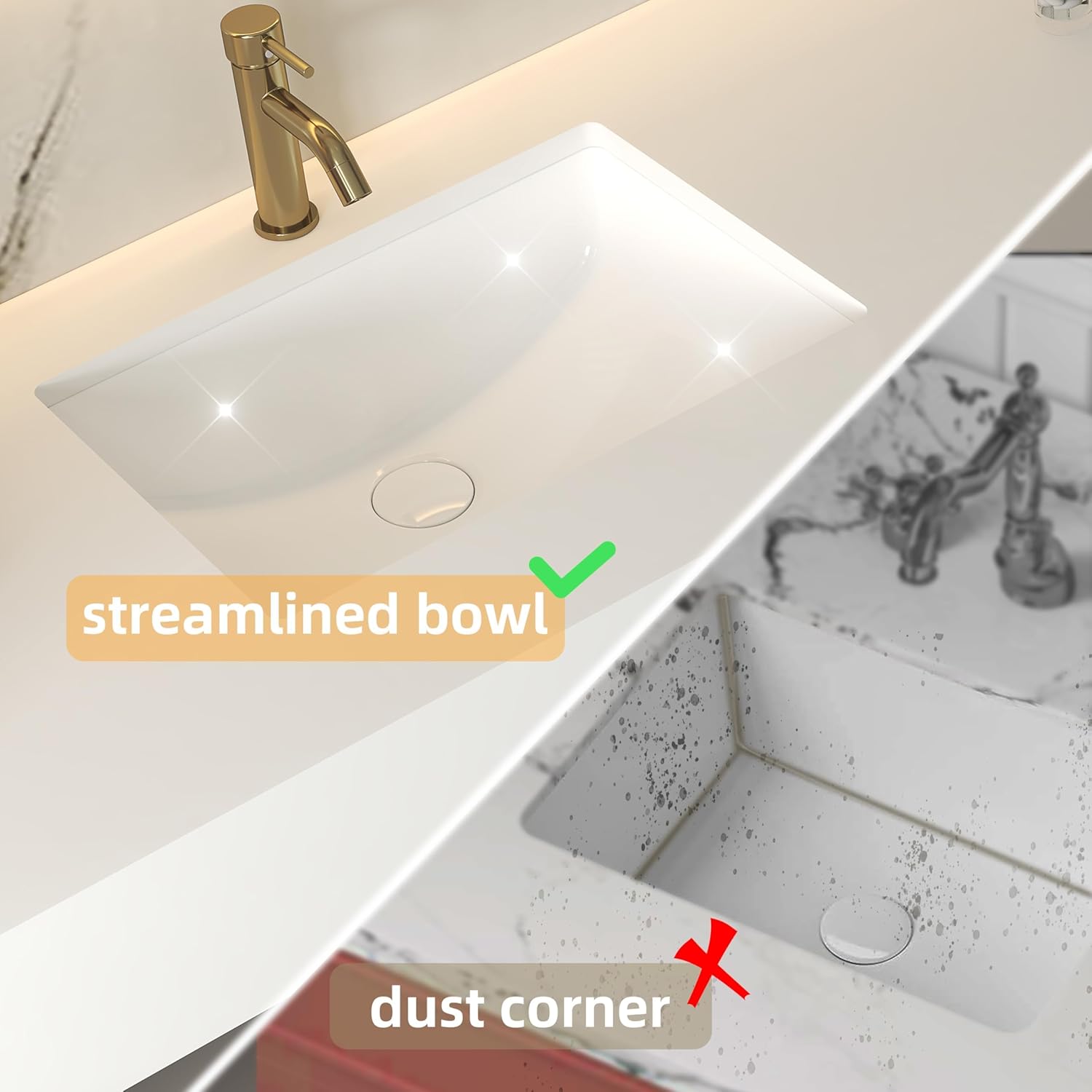 20.6 inch Undermount Bathroom Sink Rectangle, Under Mount White Porcelain Ceramic Sink Bowls for Bathroom Vanity, Rectangular Lavatory Basin with Overflow, 20.6x14.5