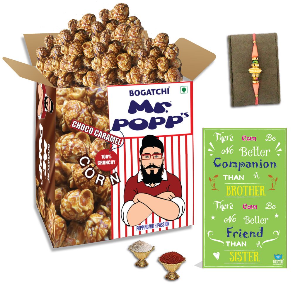 BOGATCHI Mr.POPP's Dark Chocolate Popcorn, HandCrafted Gourmet Popcorn Party Snacks, 100% Crunchy Delicious Fully Popped Corns,, Perfect Rakhi Gift for Boy, 375g + FREE Happy Rakhi Greeting Card + FREE Rakhi