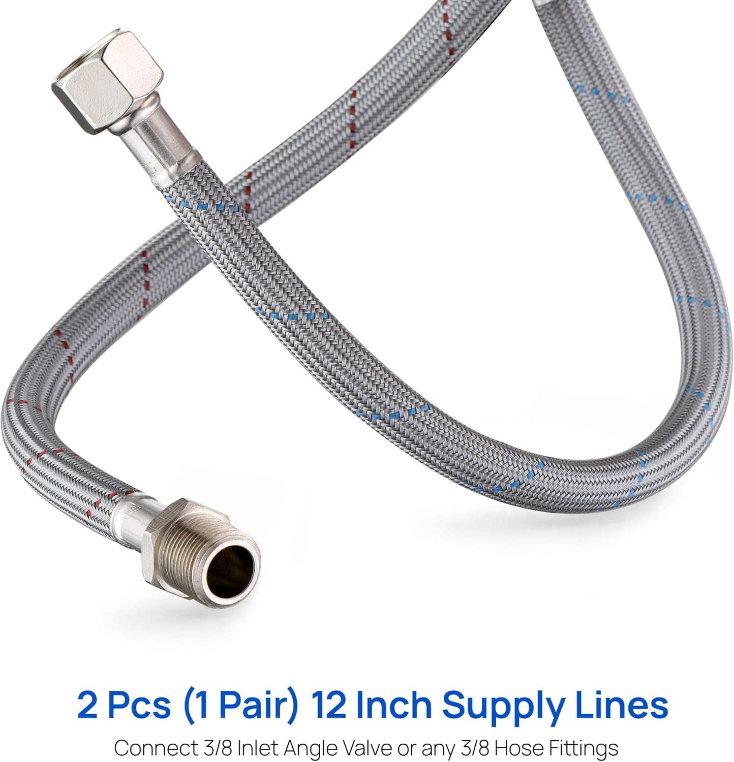 J-HVA Faucet Supply Lines Length 12" x G 3/8 Female Thread Connector Braided Nylon Extension Hoses for Bathroom Kitchen Sink Faucet Hose Filter, Stainless Steel Nut (1 Pair)