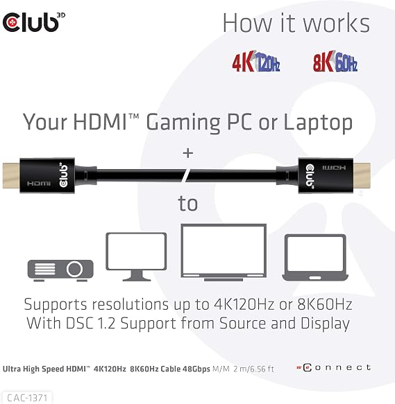 Club3D CAC-1371 Ultra High Speed HDMI 2.1 Certified 4K 120Hz 8K 60Hz M/M Cable 1m - 3.28ft