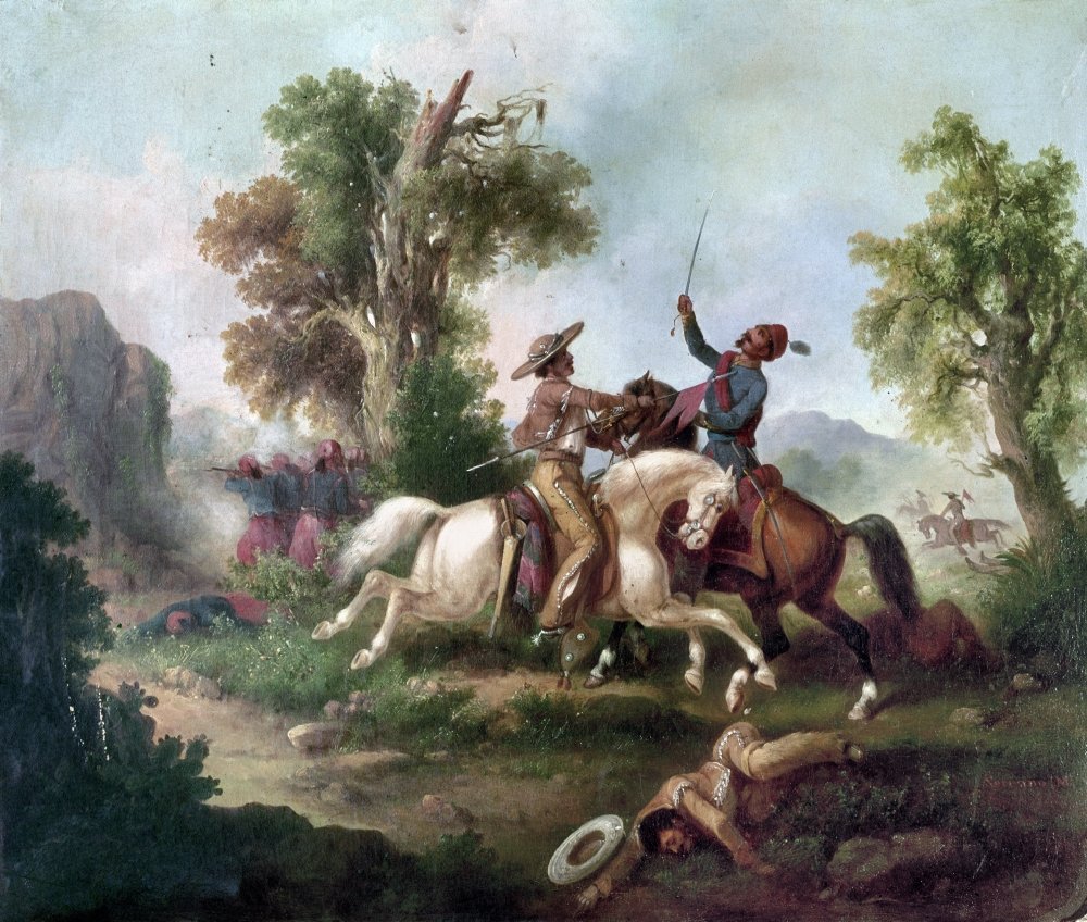 Mexico Hapsburg Reign Nskirmish Betweeen Mexican Guerillas And French Zouaves Oil On Canvas By A Mexican Artist C1865 Poster Print by (24 x 36)