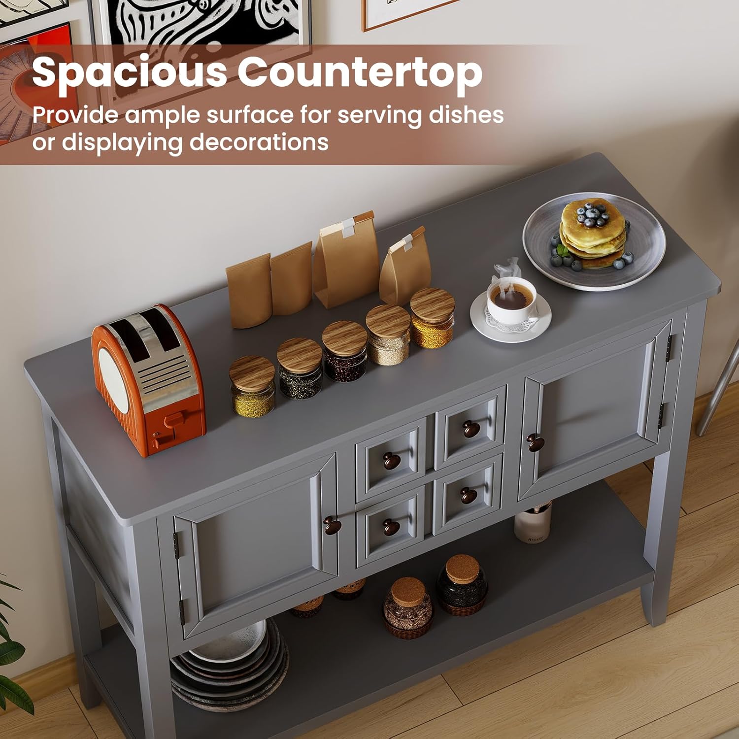 Giantex Sideboard Buffet Cabinet with Storage, 42’’ Wood Credenza, Accent Coffee Bar Cabinet with Open Shelf, 2 Drawers & 2 Doors, Buffet Table for Entryway, Kitchen, Living Room, Hallway, Grey