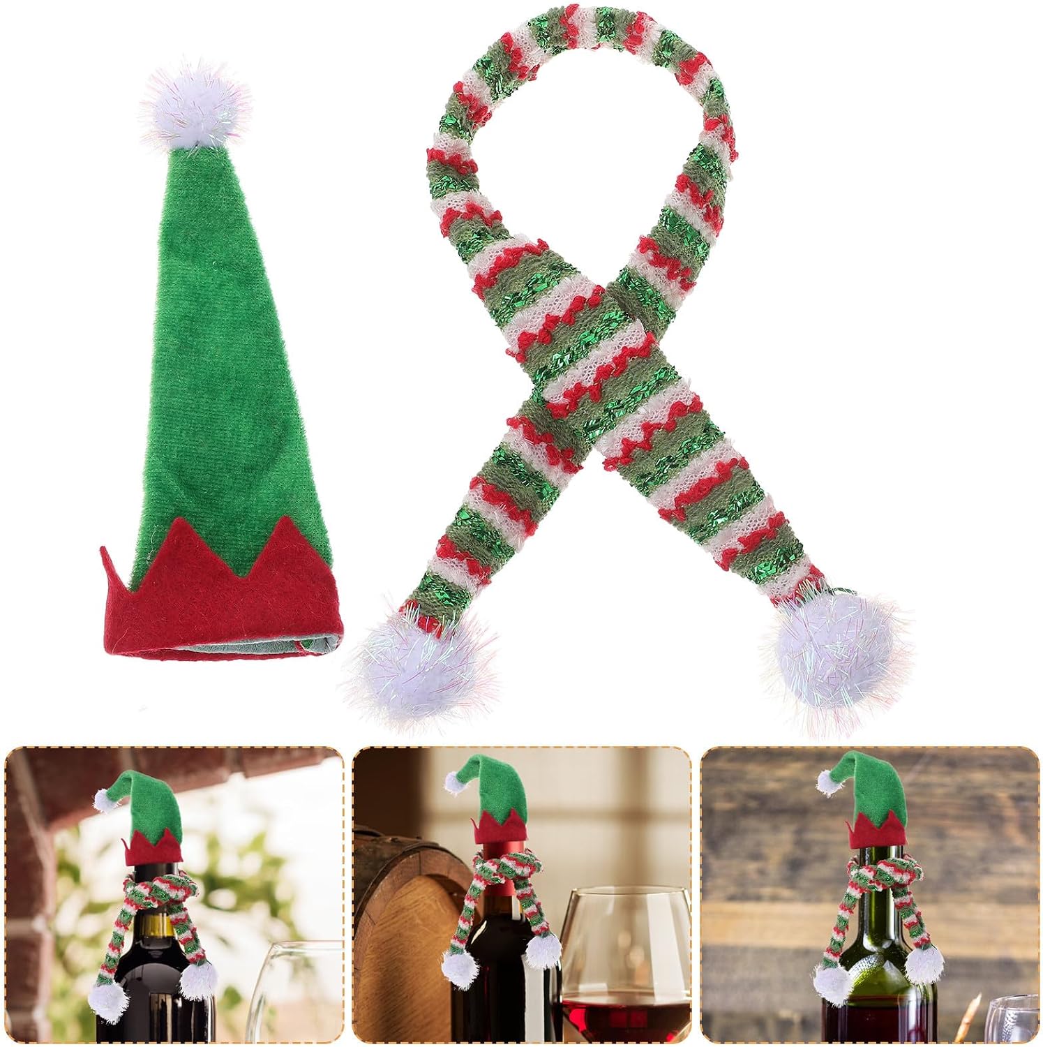Xmas Wine Bottle Hat Scarf Set, Green Cloth Festive Decoration