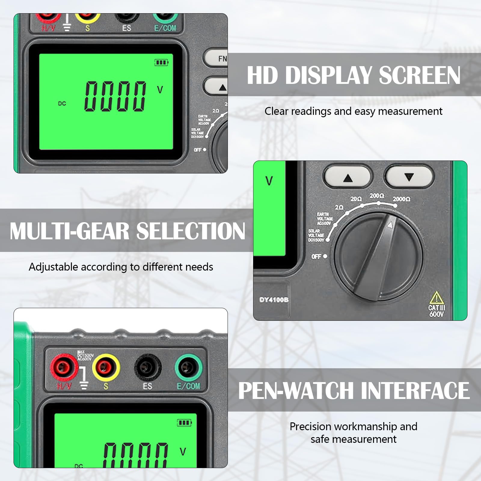 Isolationswiderstandstester, Erdungswiderstandsprüfer 0-2000Ω/ohm Isolationstester Erdspannung AC 0-600V PV Spannung DC 0-1500V Erdungsmessgerät Digital Megaohmmeter Resistance Tester