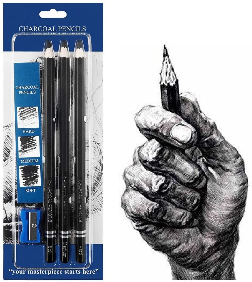 Definite Art 3 Pcs Black Charcoal Artist Pencils - Hard, Medium and Soft with Sharpener, Kneadable Eraser & Eraser Pencil