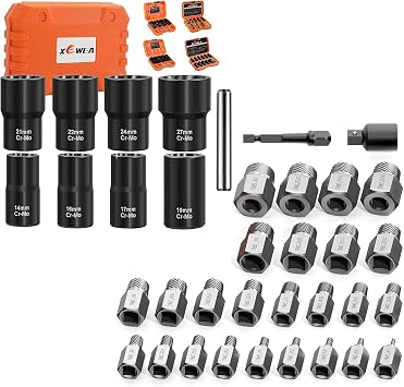 XEWEA 9PCS 1/2" Lug Nut Remover Set + 27PCS 3/8" Drive Multi-Spline Screw Bolt Extractor Set,Wheel Lock Removal Kit, Easy Out Extractor Set for Damaged, Frozen, Rusted, Rounded-Off Bolts Nuts & Screws