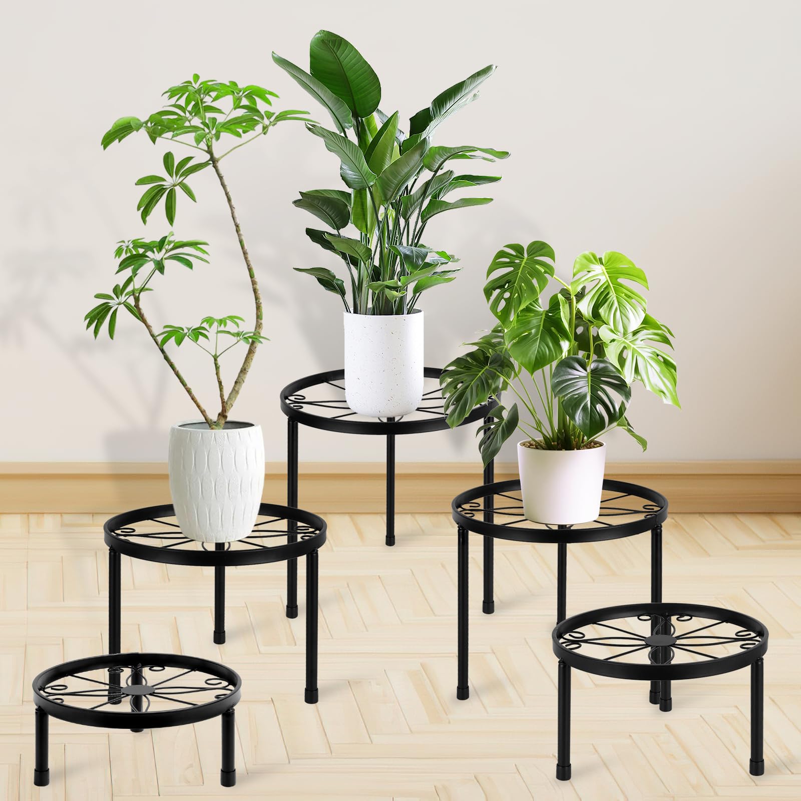 5pcs Doporte de Metal para Plantas, 5 tamaños de Soporte para Macetas de Flores de Interior y Exterior,Soporte para Macetas de Metal Redondo Vintage para Decoración Hogar y Arreglo de Balcón de Jardín