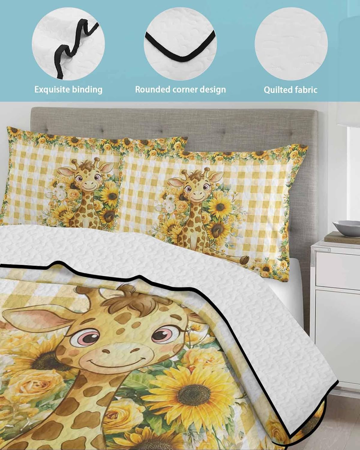 Children's Day Cute Giraffe Twin Quilt Bedding Set,Summer Quilt Lightweight Quilted Coverlet with 2 Pillow Shams, Farm Sunflowers Yellow Plaid 3-Piece Bedspread Quilt Set for All Season