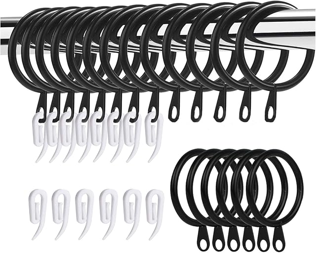 WOVTE 50 Pack Curtain Rings and Hooks, 30mm Metal Drapery Curtain Rings Hanging Rings & 50pcs Curtain Hooks Plastic White for Curtains and Rods, Drape Sliding Eyelet Rings(Black, 50 Pack)