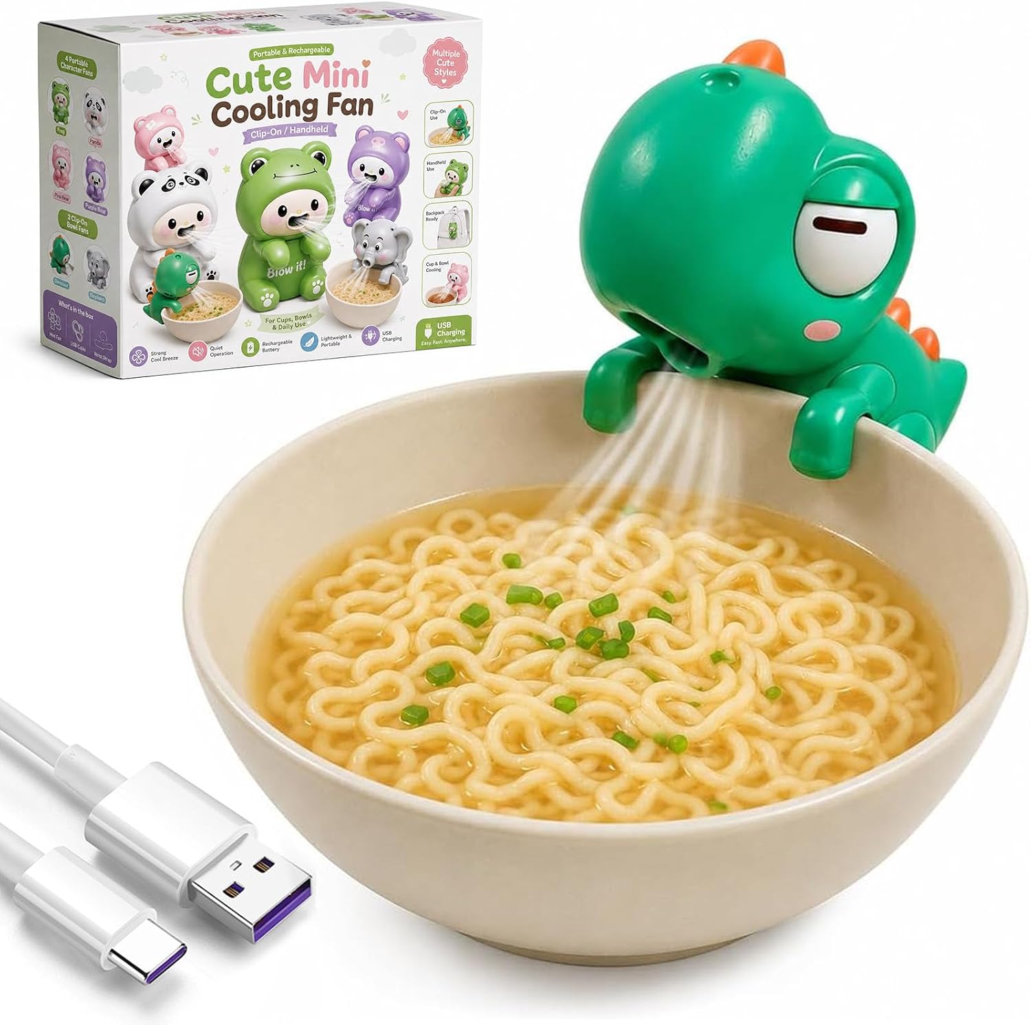 Little Elephant Food Cooling Gadget, Cooling Clip-On Mini Fan Cup Bowl (Dinosaur-Green)