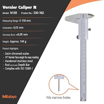 Mitutoyo 530-122 Vernier Caliper, 0.05mm Resolution, 0-150mm Range | Hardened Stainless Steel, Engraved Scale, Od, Id, Depth, Step Measurement, Inspection, Machining, Precision Measuring Tool