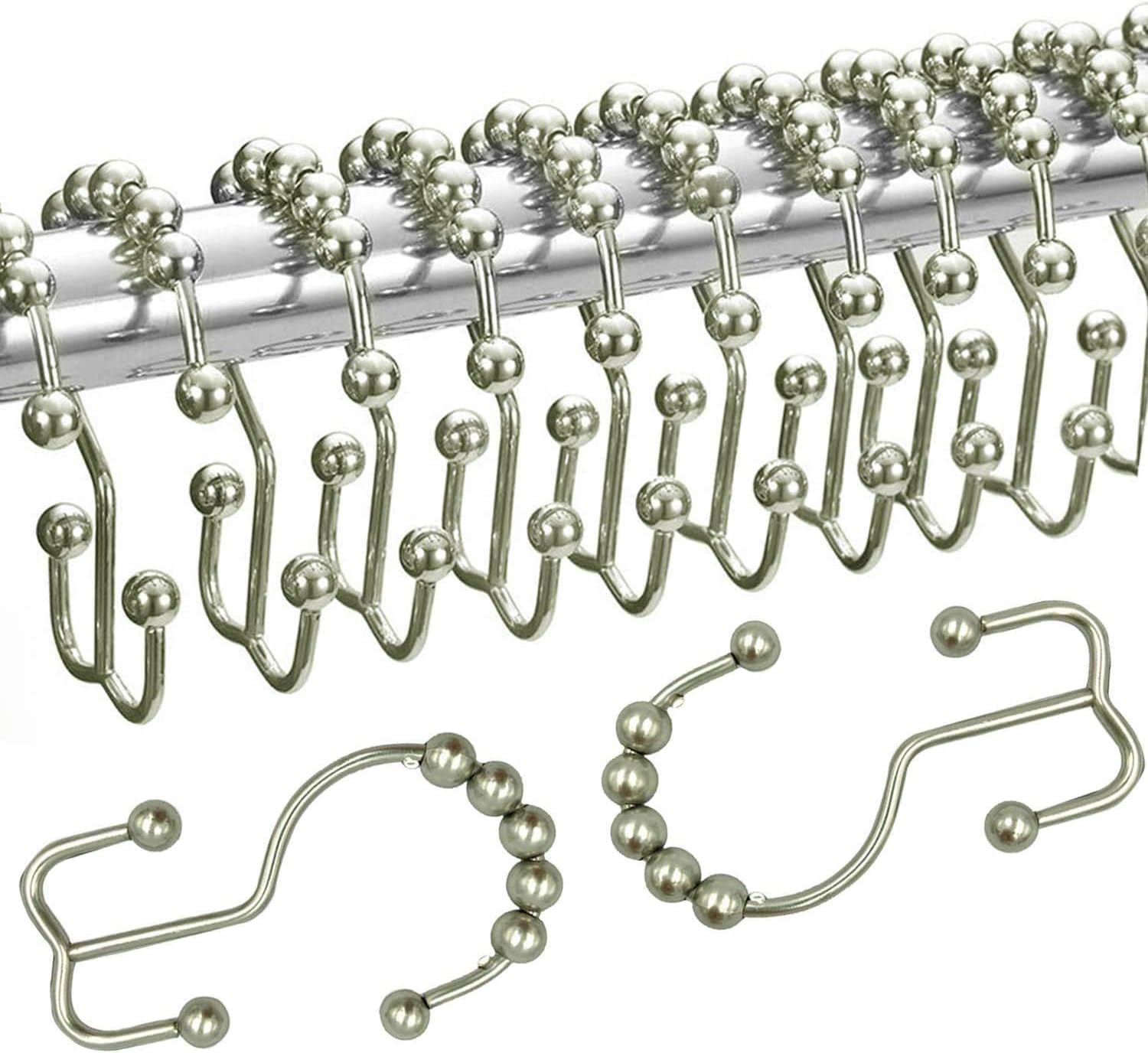 Visen Shower Curtain Hooks Rings,Premium Resistant Shower Hooks for Curtain,Metal Roller Glide Double Hook for Bathroom Curtain Rods,Set of 12 (Nickel)