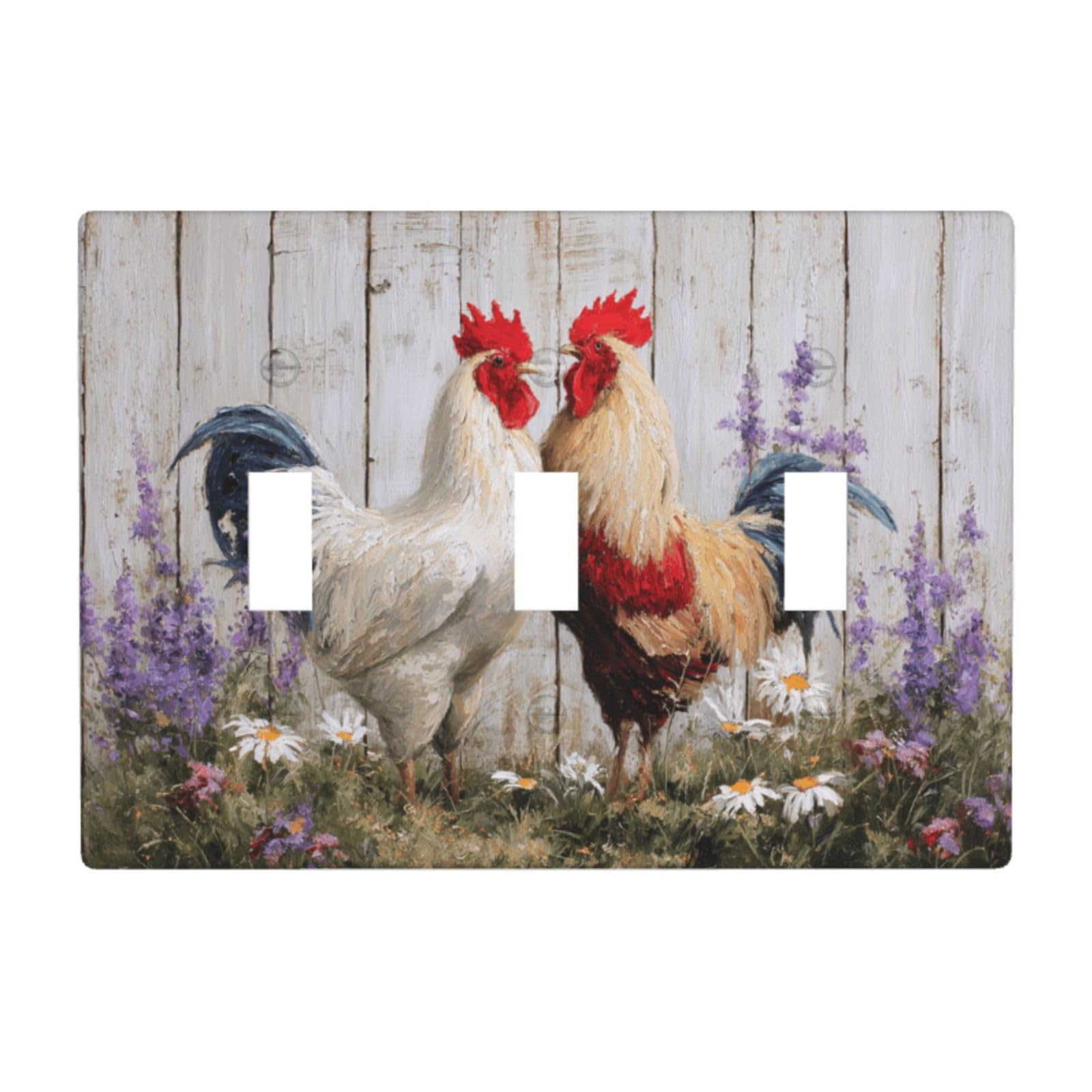 Colorful Rooster and Hen Daisies Lavender Light Switch Covers 3 Gang Triple Toggle Wall Plate Switchplate Electrical Faceplate for Bathroom Kitchen Bedroom Decor