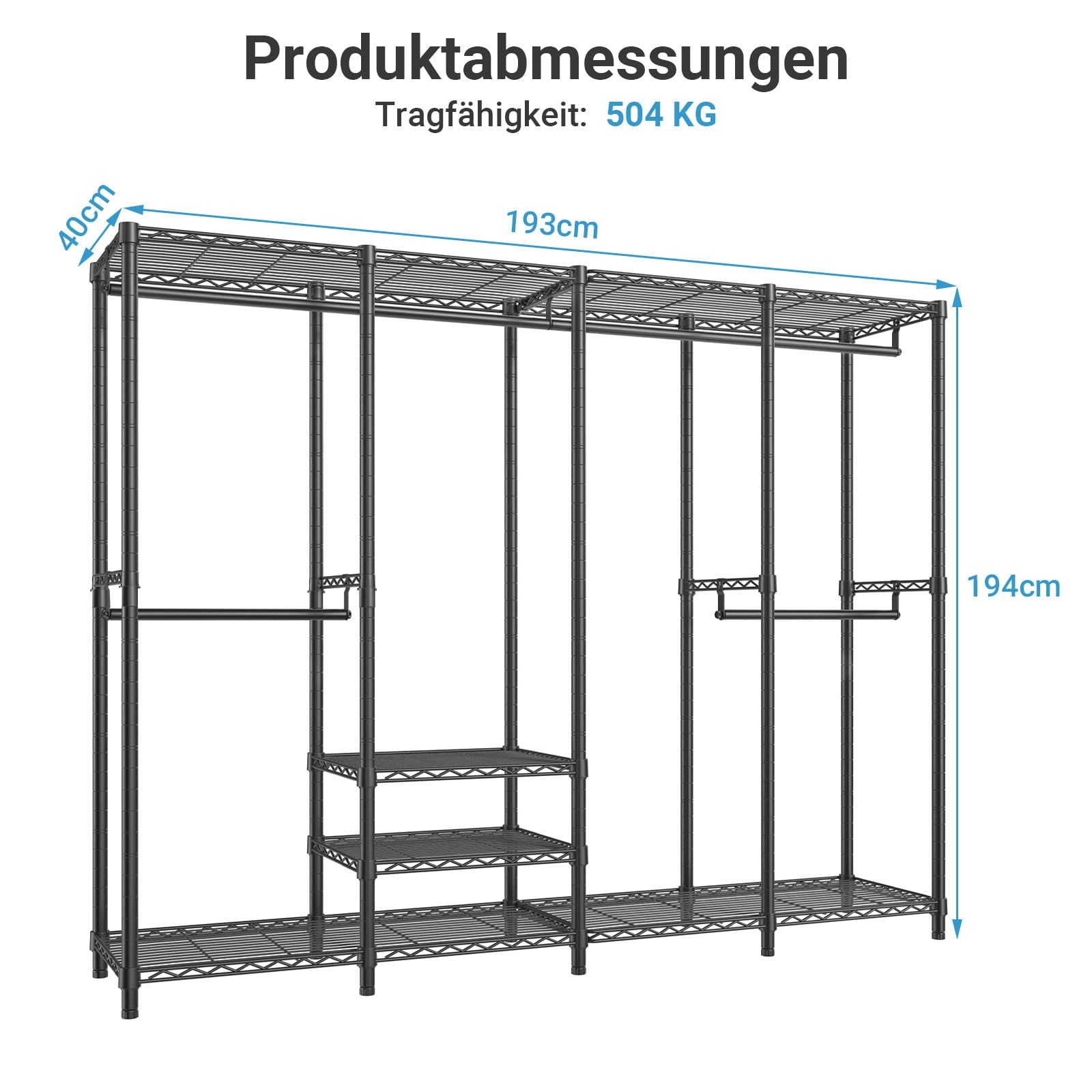 VIPEK V40 Stahl-Kleiderständer mit Böden, 193 cm L, max. 504 kg, Schwarz