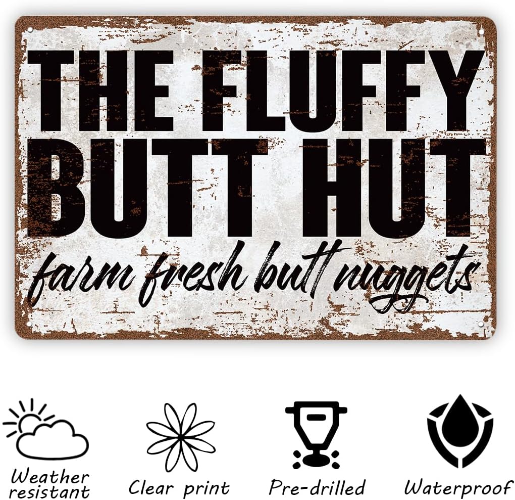 Funny Vintage Metal Tin Signs, The Fluffy Butt Hut Farm Fresh Butt Nuggets Sign, Chicken Coop Rustic Street Metal Sign, Hen Rooster coop, Chicken Lover Gift, Housewarming Gift, 11.8 * 7.9Inch image 3