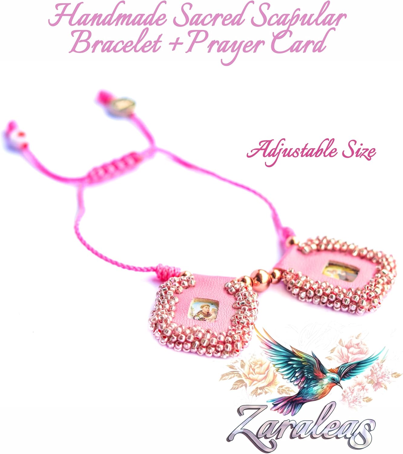 Sacred Scapular Bracelet Handmade Embroidered Rose Stone Wristband of Sacred Heart of Jesus, Holy Virgin of Carmen, St. Michael Archangel. 2,5cm x 3cm by Zaraleas - Image 4