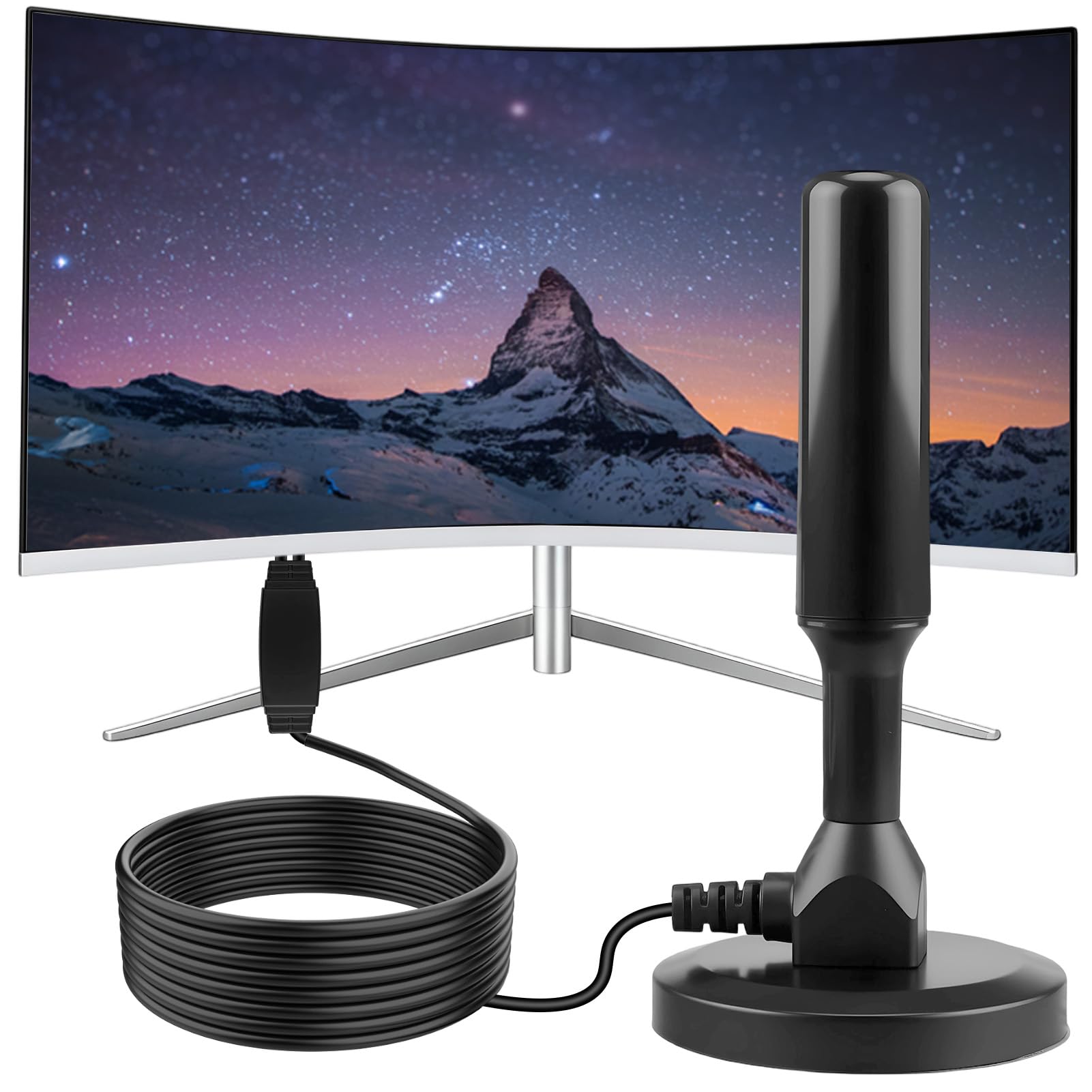Antenne TV IntéRieur Puissante, HD Haute Performance avec Base Magnétique, Réception 360° Compatible 4K UHD & DVB-T2 Câble Coaxial 3m pour Télévision Intelligente Antenne TNT sans Abonnement