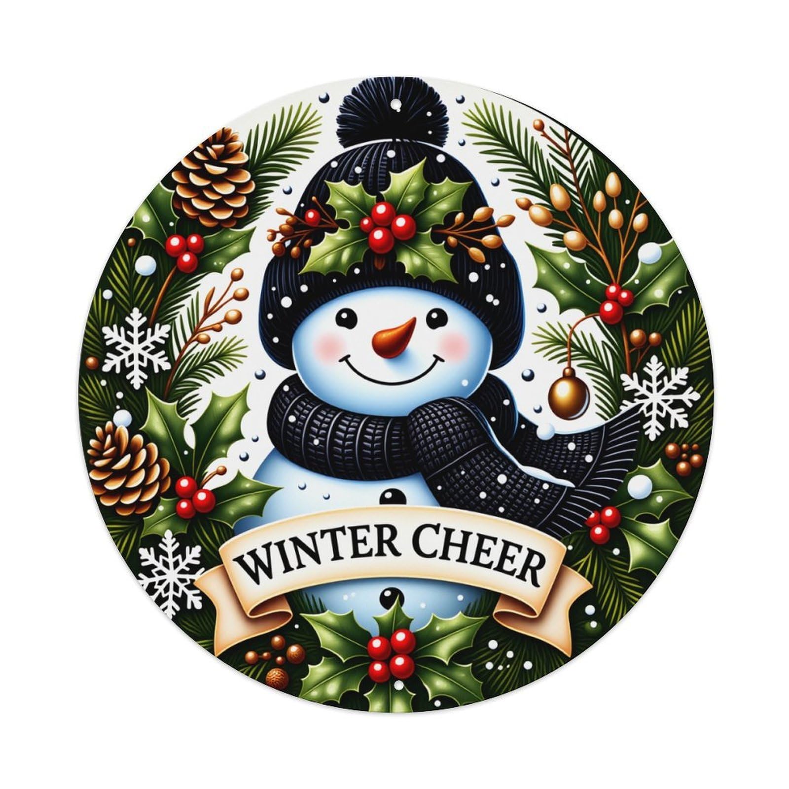 Snowman Winter Cheer Pinecones Holly Berries Snowflakes Round Vintage Tin Sign,Retro Wall Art,Metal Poster for Home, Bar, Garage, Cafe, Rustic Indoor & Outdoor Decor, 8x8 Inches