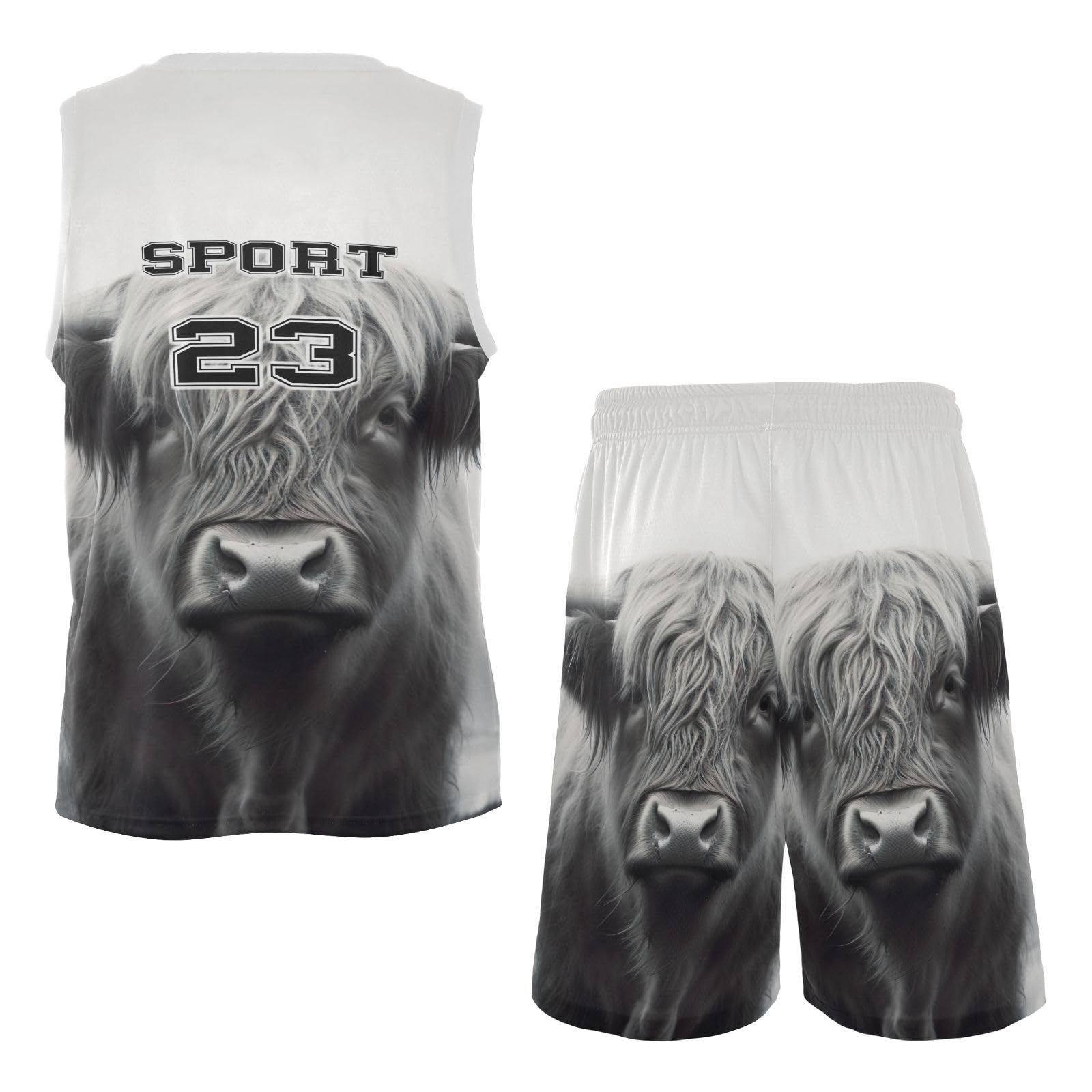 FLildon Highland Cow Boys Basketball Jersey Set Tank Top Shorts Tracksuit Sport Training Suit for Kids, S