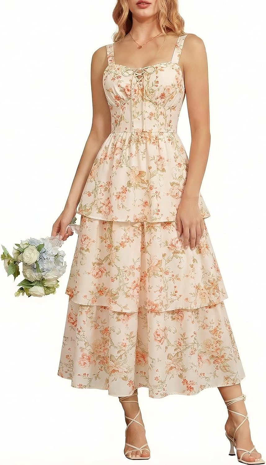 Scarlet Darkness Milkmaid Corset Dress for Women Summer Wedding Guest Dresses Cocktail Floral Sundress with Pockets