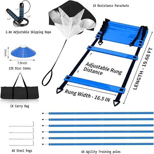 Miniatura 2 de Speed & Agility Training Equipment-20ft Agility Ladder, 6 Poles, 12 Soccer Cones, Resistance Parachute, Jump Rope, Soccer Football Basketball Sport