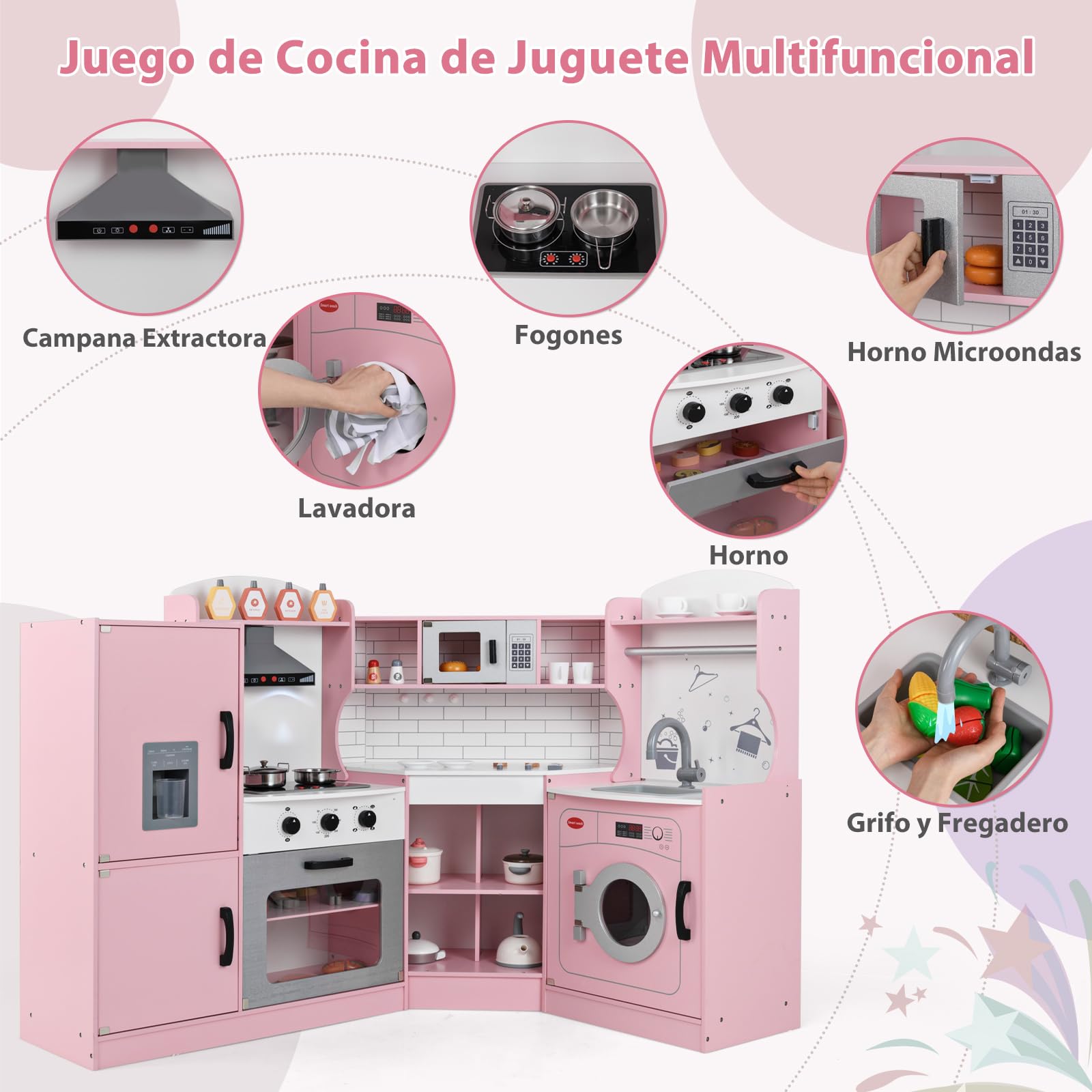 GOPLUS Cocina de Juguete de Esquina para Niños, Cocinita Infantil con Máquina de Hielo, Microondas, Estufa, Horno, Fregadero, Lavadora, con Luces y Sonidos para Niños Pequeños de 3-10 Años (Rosa)
