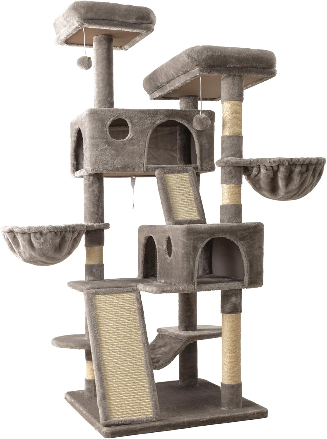 Allewie 65in Multi-Level Tall Cat Tree for Indoor Kitties/Larger Tower with Wide Base/Cozy Plush ‌Pussycat Perches/Cat Condo with Hammock/Sisal Scratching Posts/Grey