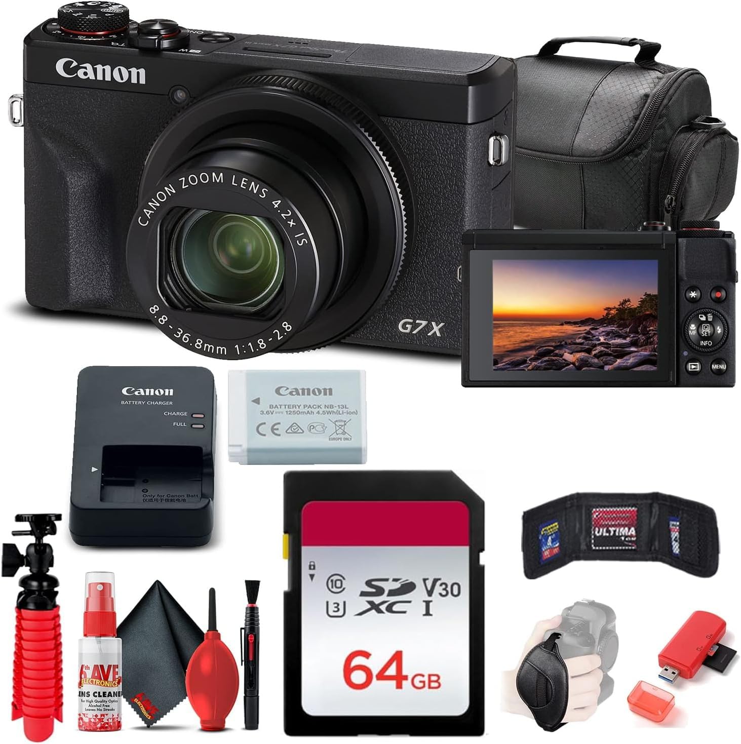 Canon PowerShot G7 X Mark III Digital Camera (Black) (3637C001) + 64GB Memory Card + Card Reader + Deluxe Soft Bag + Flex Tripod + Hand Strap + Memory Wallet + Cleaning Kit (Renewed)