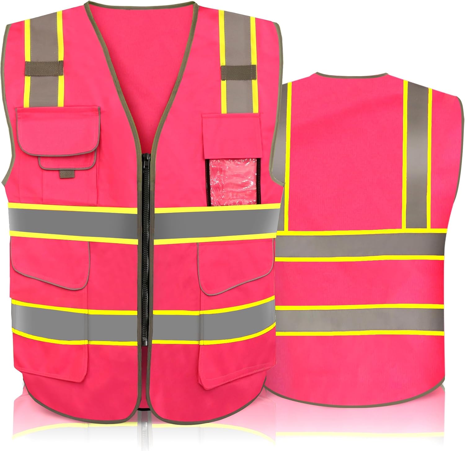 YAFOWUK 7 Pockets Class 2 High Visibility Safety Vest Reflective Neon