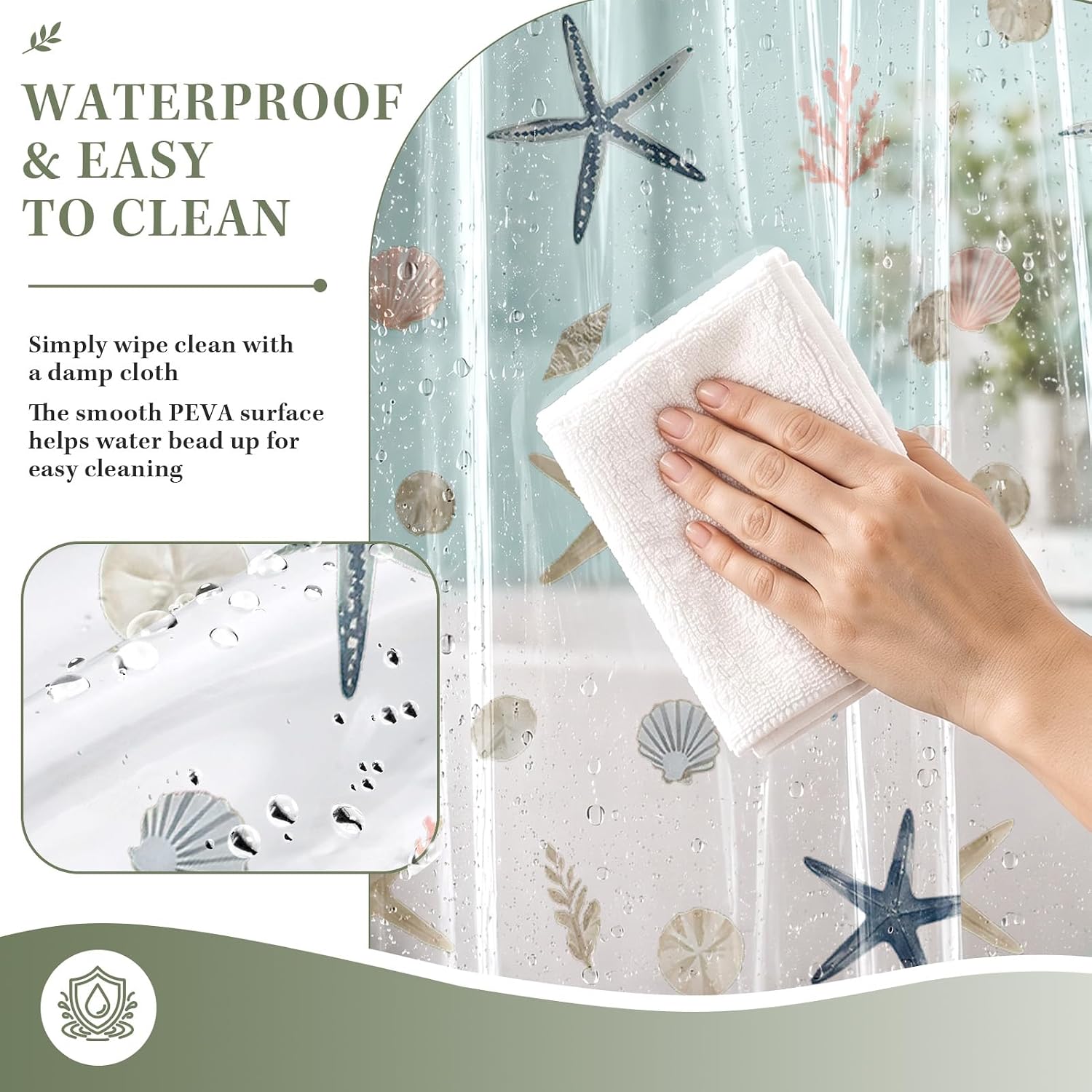 Clear Shower Curtain Liner, Starfish Seashell PEVA, 72x72 Inch