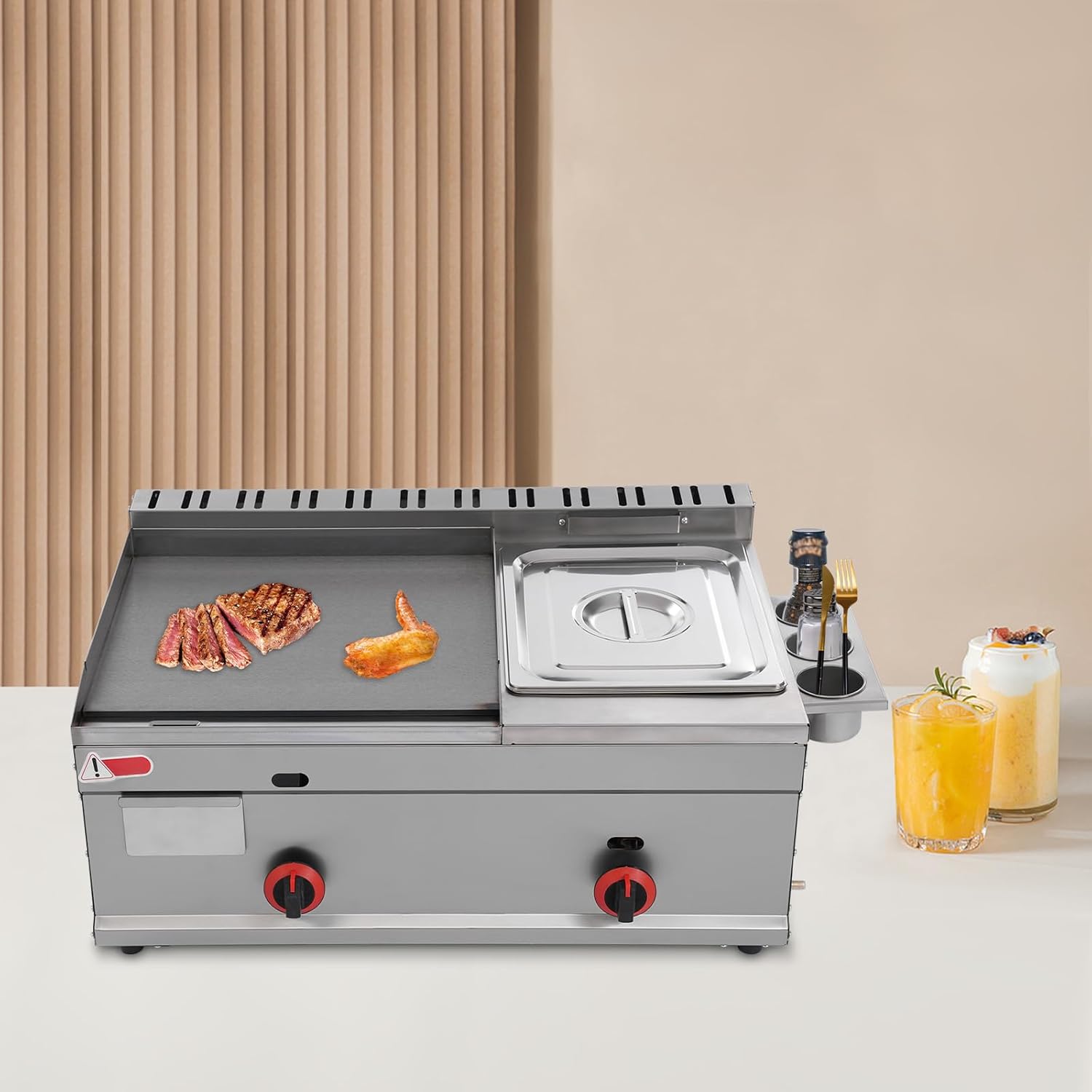 Commercial Gas Grills Griddle Flat Top with Deep Fryer Stainless Steel Multi-function Countertop BBQ Hot Plate Grill and Deep Fryer with Basket and Lid for Commercial & Home Use