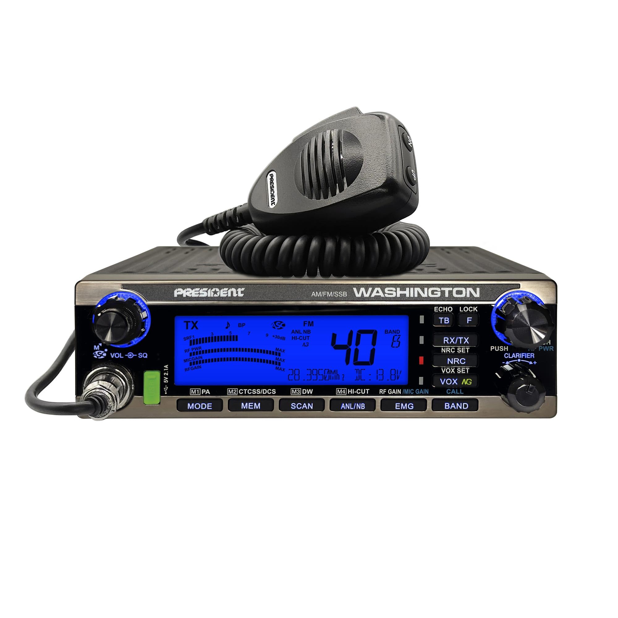 President Washington 100W – Ricetrasmettitore CB/Radioamatore HF 10m/12m, AM/FM/USB/LSB, 100W PEP, Porta USB, VOX, SWR, Bluetooth Compatibile, Stazione Base