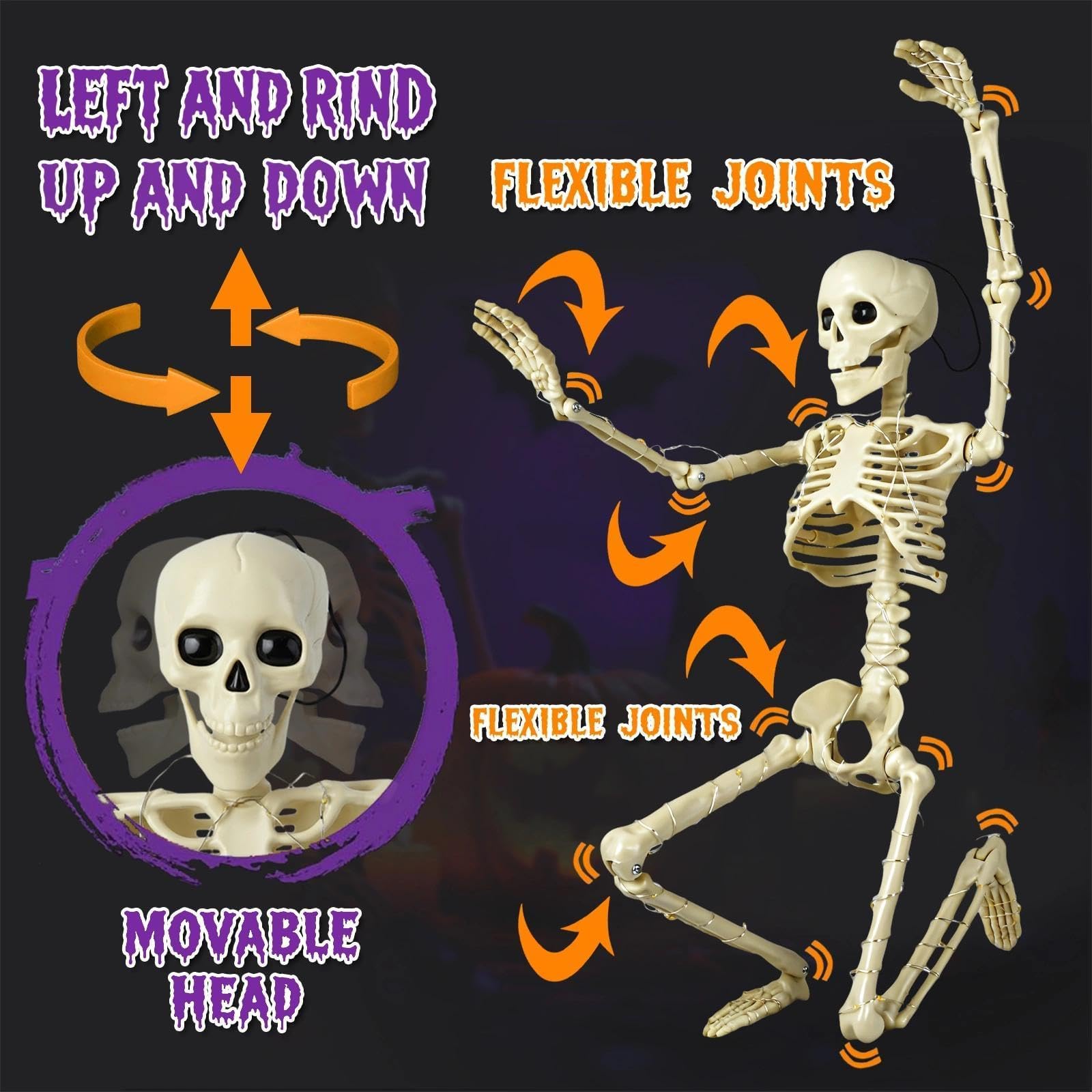 Taspire 2 Packs 60cm LED Posable Halloween Skeletons, LED Movable Joints Skeleton Halloween Decoration, White - Image 3