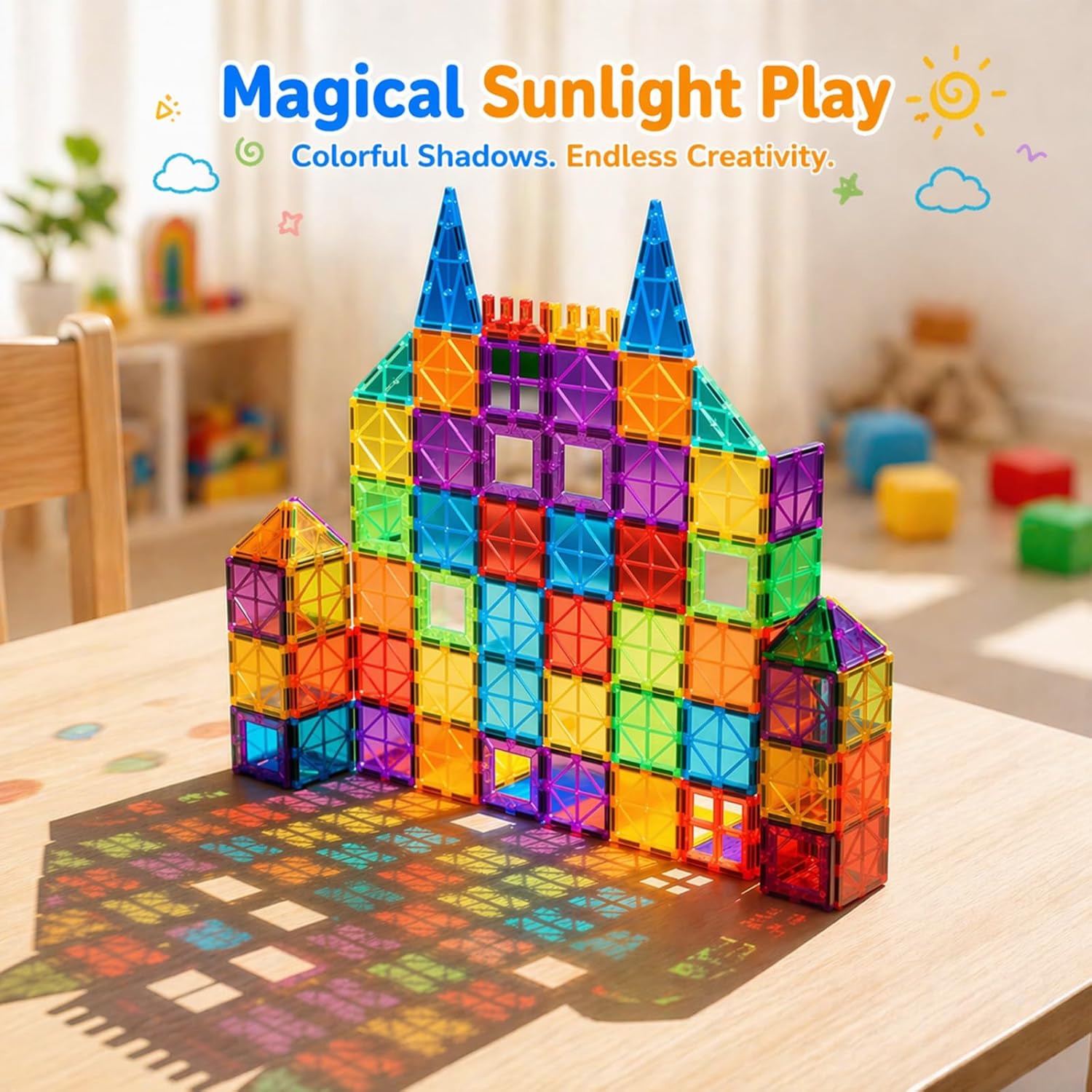 AFUNX Magnetic Tiles,102PCS Magnetic Building Blocks 3D Clear Construction Playboards, Inspiration, Creativity Beyond Imagination, Educational Magnet Toy Set for Kids with 2 Cars