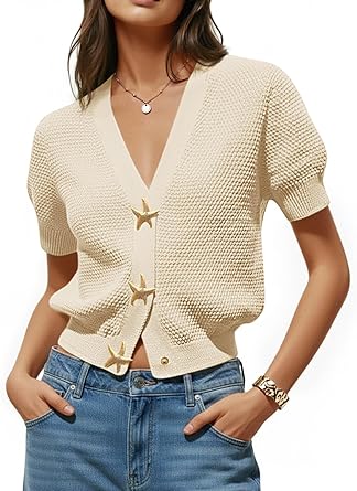 Saodimallsu Womens Puff Short Sleeve Cardigans V Neck Button Down Casual Summer Lightweight Knit Sweater Tops