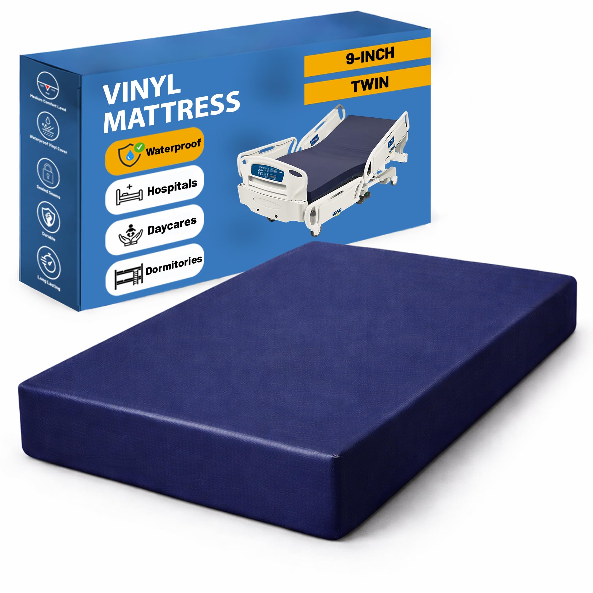 Greaton, 9-Inch Medium Firm Water Resistance Nylon Vinyl Foam Mattress, Noiseless, Soft Cloud Feeling, Body Heat Reflection, Good for Hospital and
