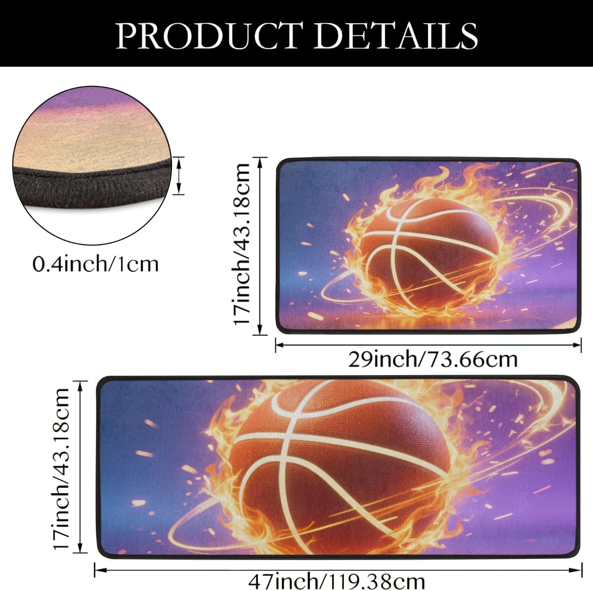 Anti Fatigue Blazing Basketball Kitchen Mats for Floor 2 Piece Set, Waterproof Non Slip Boho Kitchen Floor Rugs, Comfort Standing Mat for Sink Laundry & Home Kitchen 17"x47"+17"x29"