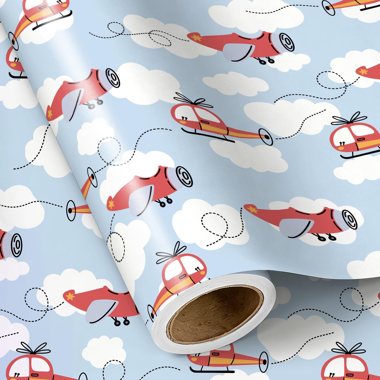 RUSPEPA Kids Wrapping Paper Roll Blue Cartoon Aircraft and Cloud Prints Perfect for Boys' Birthdays and Aviation Themed Parties 43.2cm x 3m