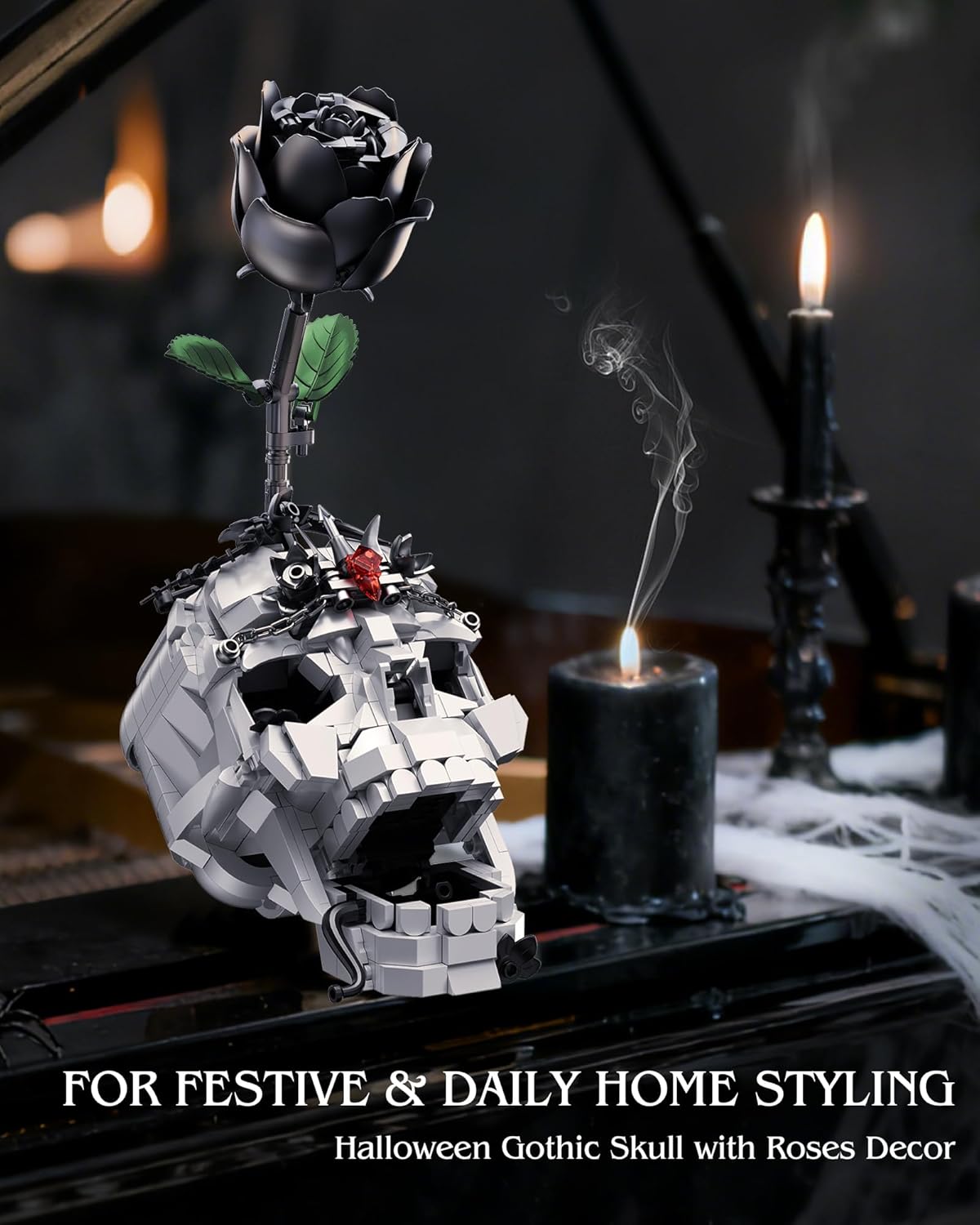Skull Black Rose Flower Building Set, 3 in 1 Gothic Horror Decor Botanical Artificial Flowers Collection Toys, Ideal Home Office Decoration & Christmas Valentine's Day Gifts for Adults, Women - Image 3