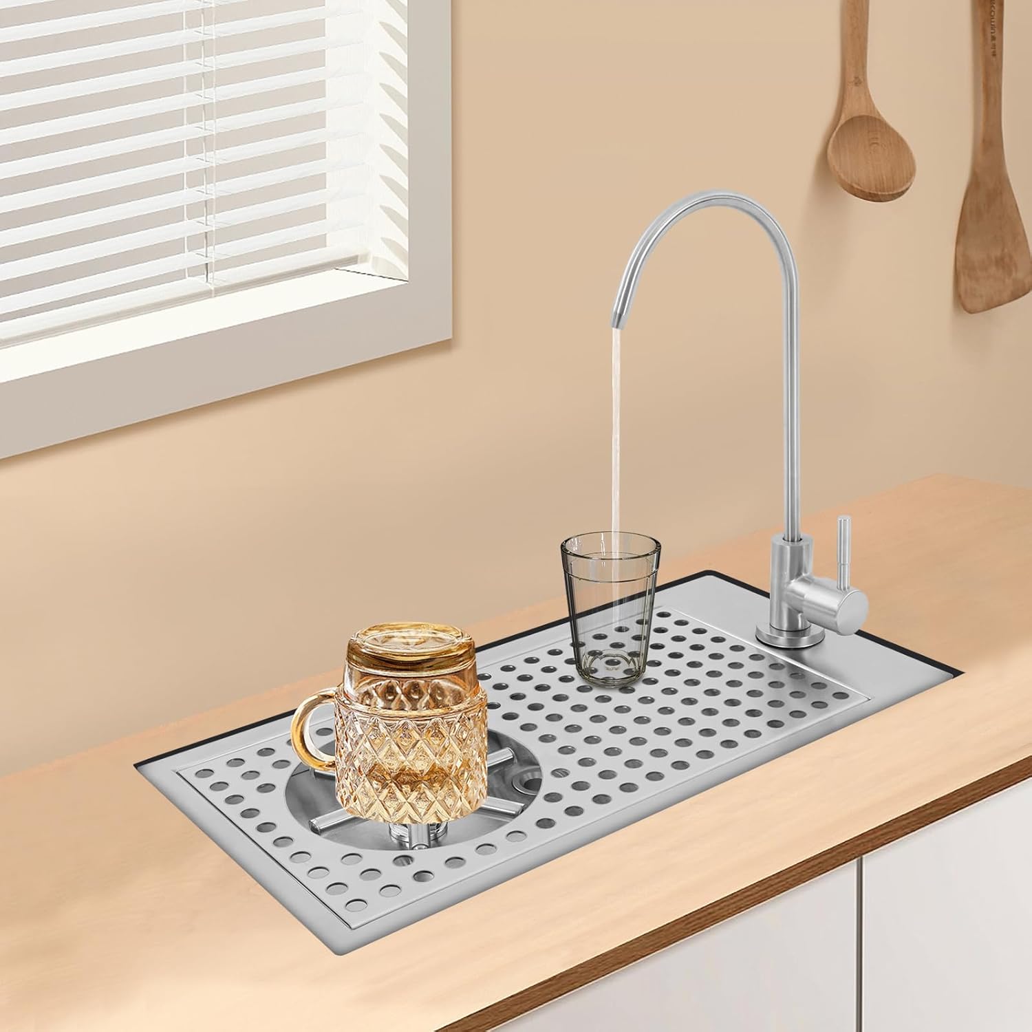 Glass Rinser with Faucet, Recessed Cup Washer, Stainless Steel Kitchen Sink Glass Rinser, with G1/2 Threaded Interface, Multi-Angle Spray, for Homes, Restaurants, Bars