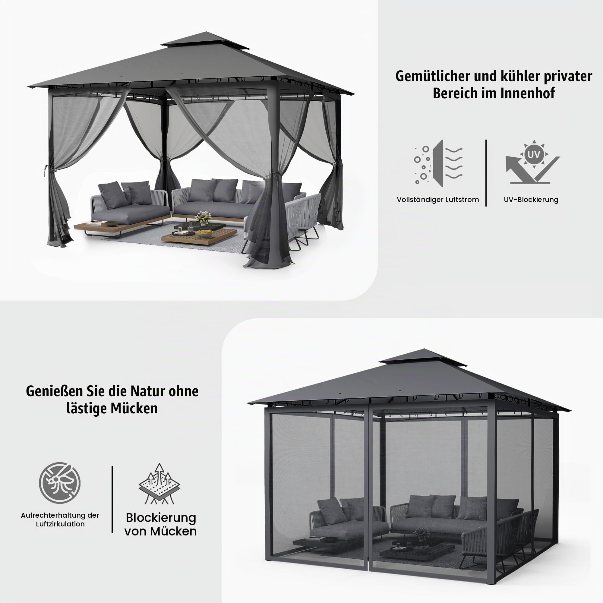 UDPATIO Pavillon 3,35x3,35m Wasserdicht Stabil Winterfest, Gartenpavillon mit Doppeldach, Moskitonetz und Metallrahmen, Doppeldach Gartenlaube für Garten, Terrassen (Grau)