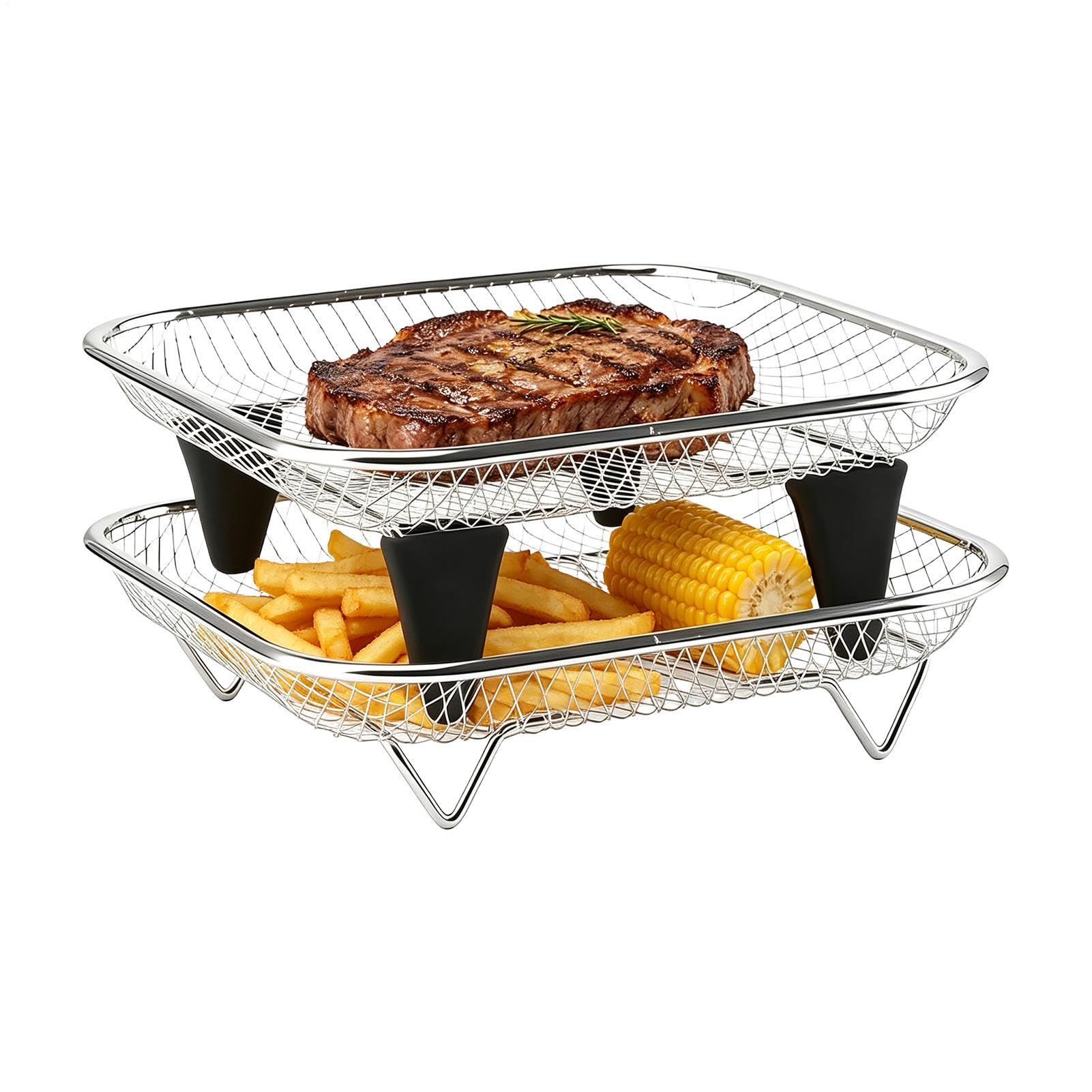 Air Fryer Rack - 18x18cm with Silicone Feet Stackable Tray, Stainless Steel Dehydrator Rack | 2 Piece Air Fryer Dehydrator Racks for Broiling Cooking Dehydrating Meal Prep Home Kitchen Counter Bar Ap